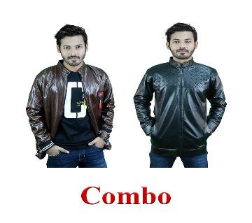 PU Leather Jacket For Men - Dark Chocolate+PU Leather Jacket For Men - Black