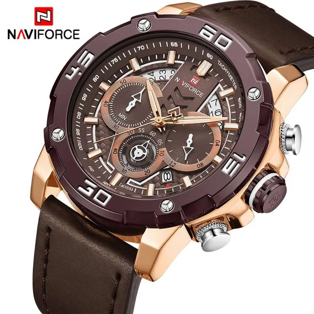 Naviforce Nf9175 Chocolate Pu Leather Chronograph Watch for Men - Rosegold and Chocolate