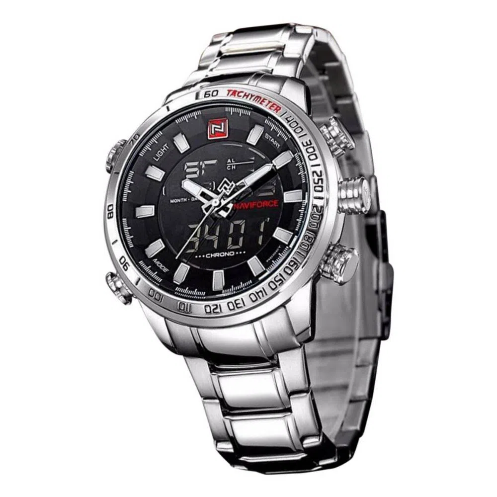 NF9093 Stainless Steel Dual Display Wrist Watch - Silver