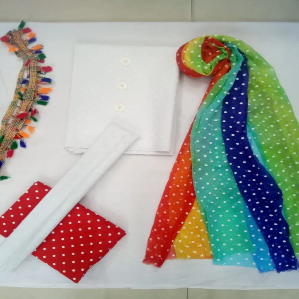 Soft  Fabric Unstitched Rainbow Emboss Print Three Piece  