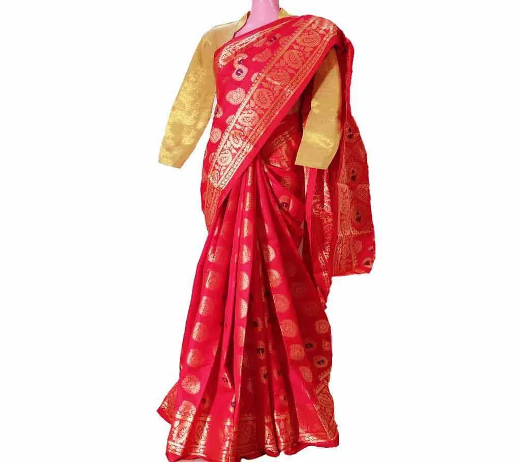 Hand Loom Red Half Silk Sharee For Casual, Party and Festive  No Blouse Piece