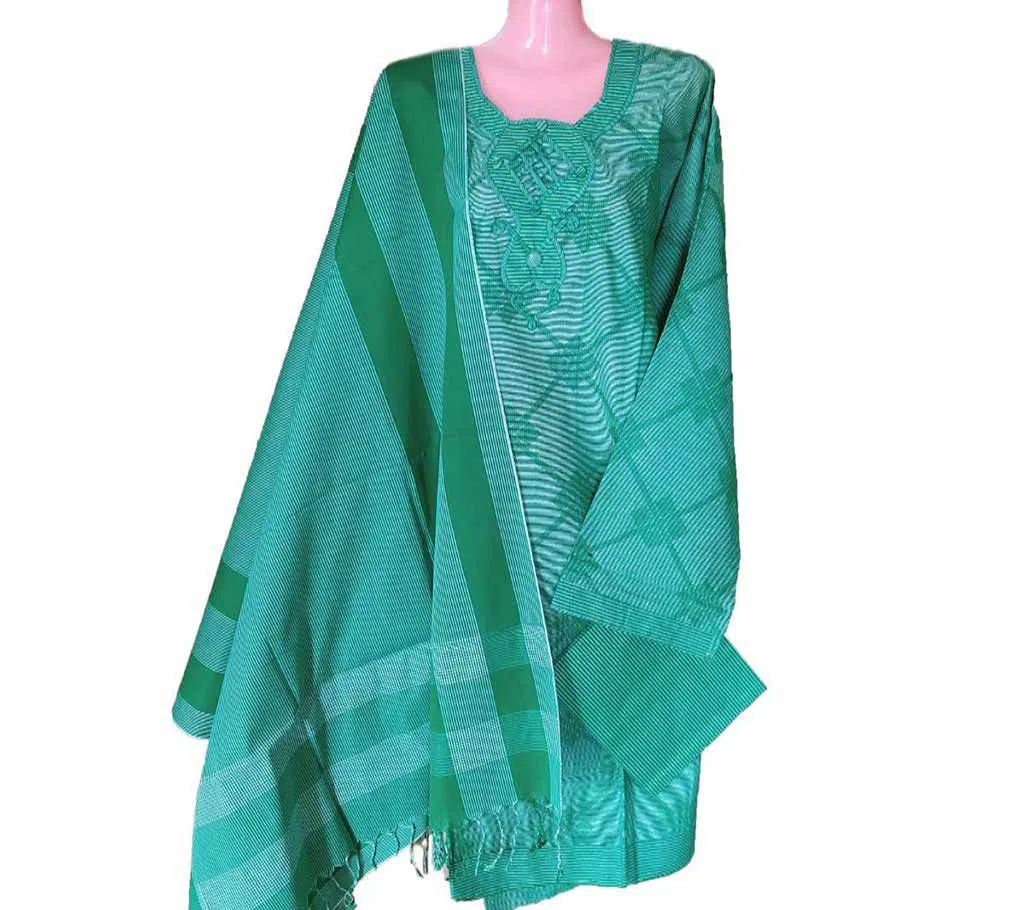 Unstitched Hand Loom Jamdani Cotton Green Three Piece for Woman