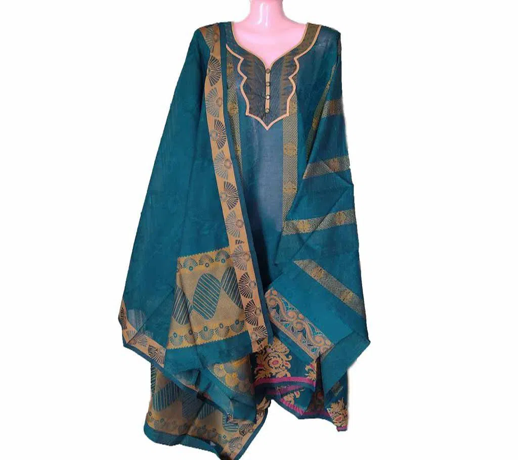 Unstitched Hand Loom Cotton Fenchi Three Piece for Woman-Blue