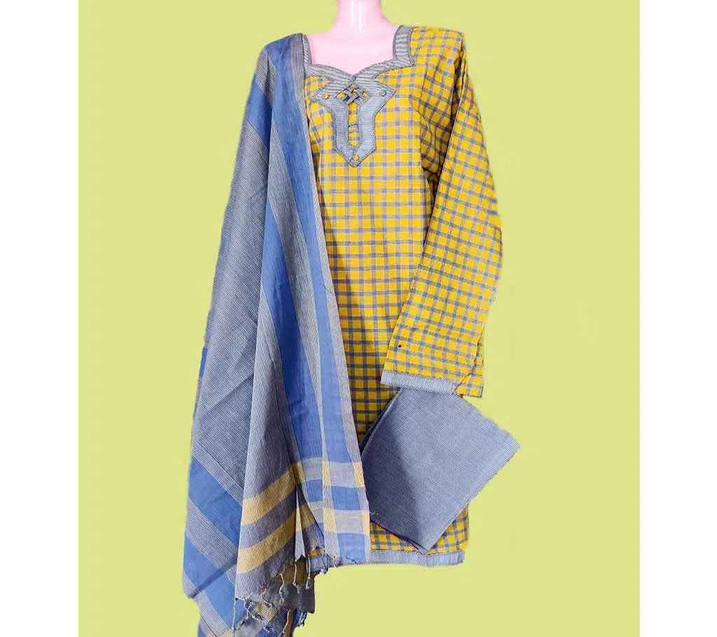 Unstitched Hand Loom Cotton Yellow Grameen Check Three Piece for Woman