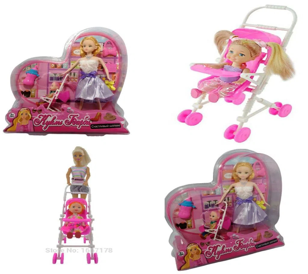 One Set New Pink Assembly Baby Stroller Troli Doll With Baby