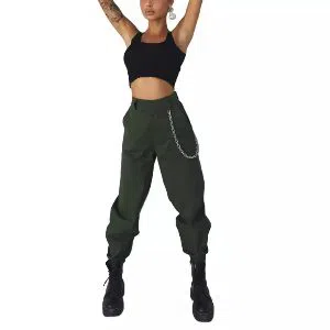2021 Women Solid Color Chain Pants, High Waist Side Pocket Zipper Trousers Casual Style Sport Clothes