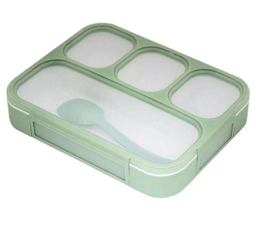Leak-Proof Sealing 4 Compartments Grid Lunch Box with Spoon - Green Min