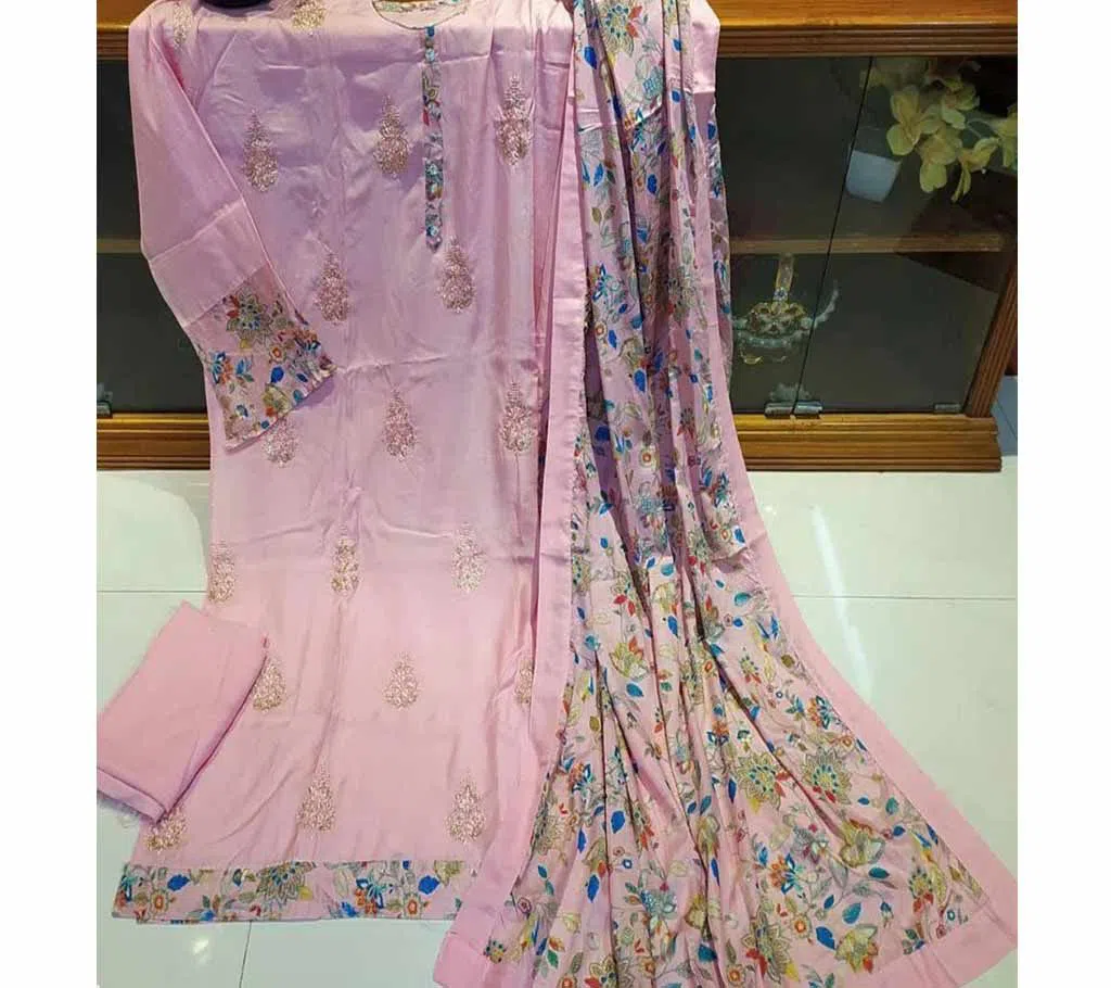chiffon georgette With Embroidery Unstitched 3 piece-Pink 
