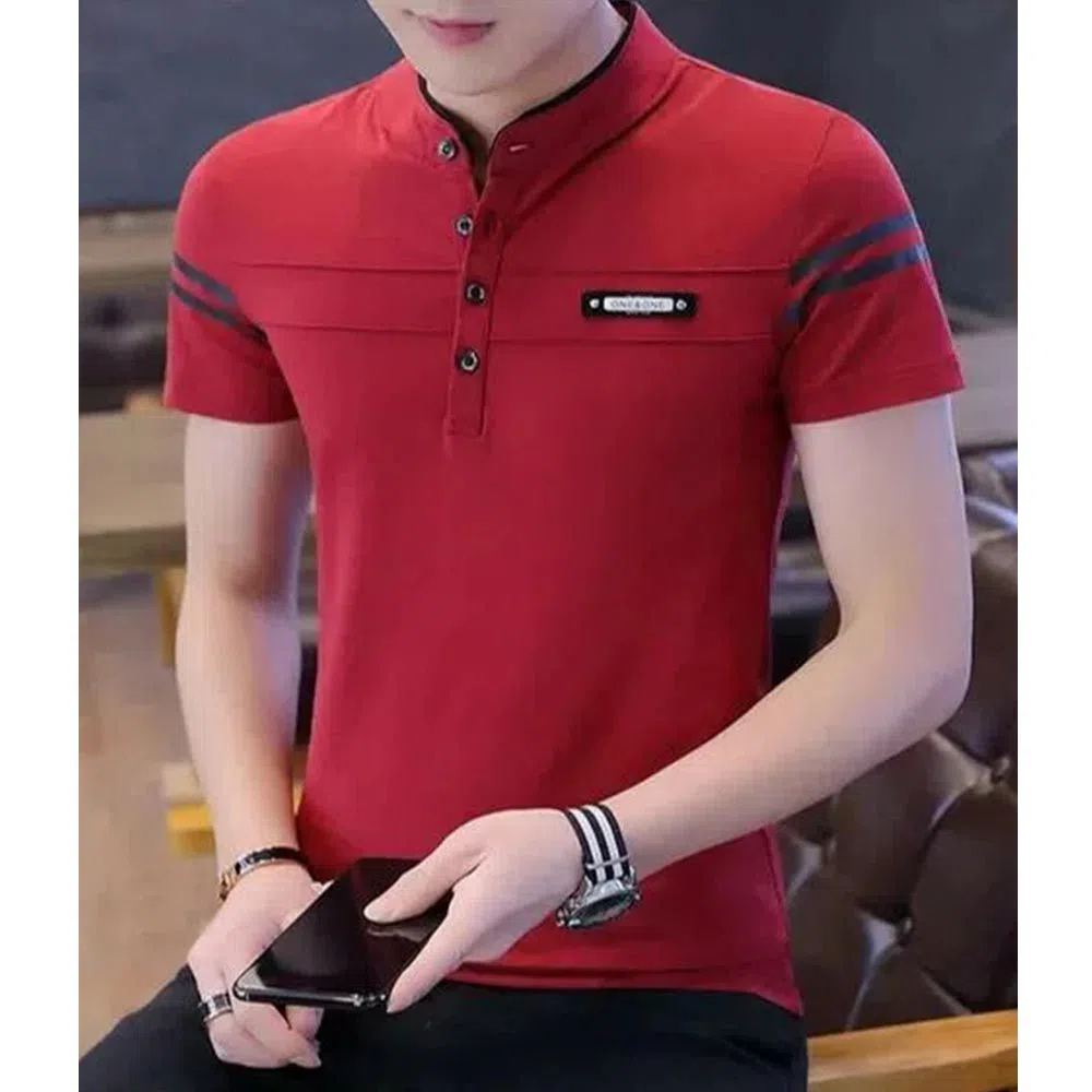Red Color Stylish Band collar Polo Shirt For Men  
