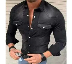 Black Long Sleeve Denim Shirt for Men
