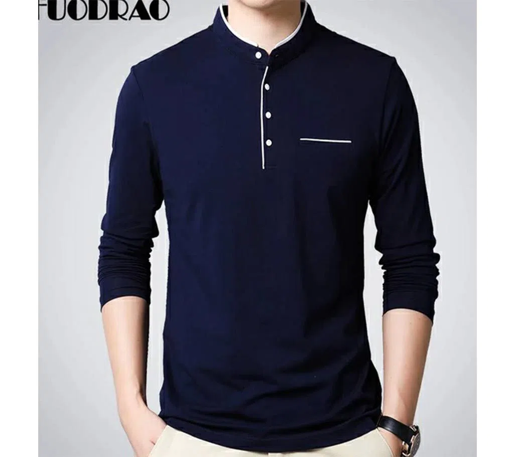 Long Sleeve Winter Polo Shirt for Men - Navy Blue 