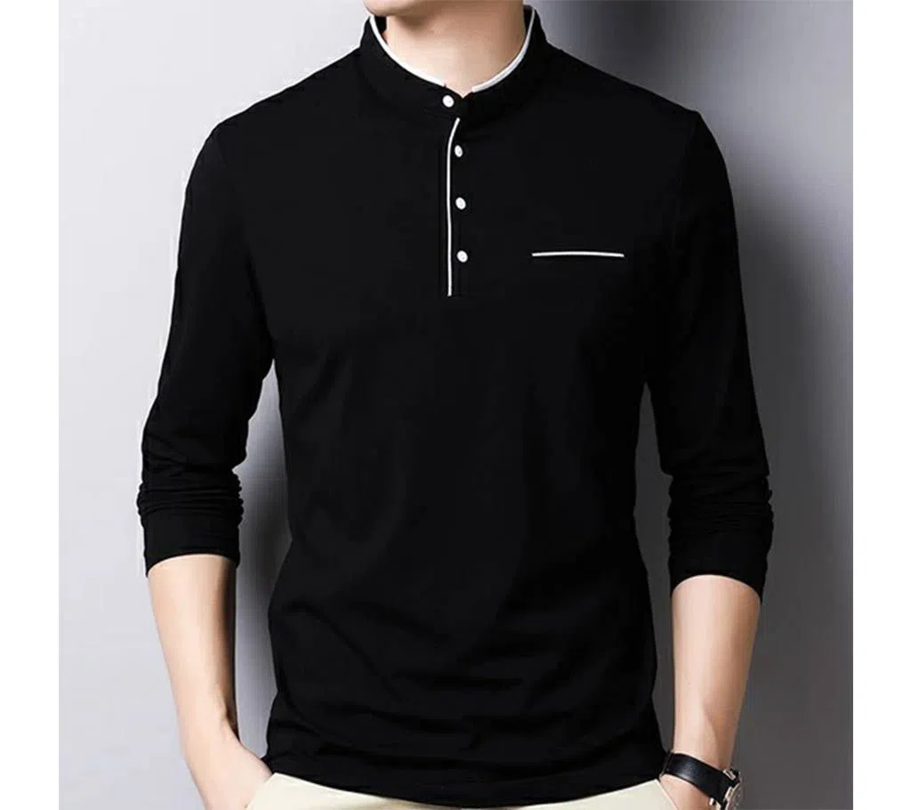 Long Sleeve Winter Polo Shirt for Men - Black