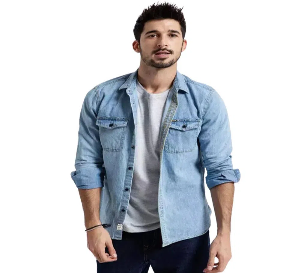  Sky-blue Long sleeve Denim Shirt for Men