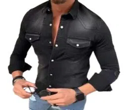  Long Sleeve Black Denim Shirt for Men