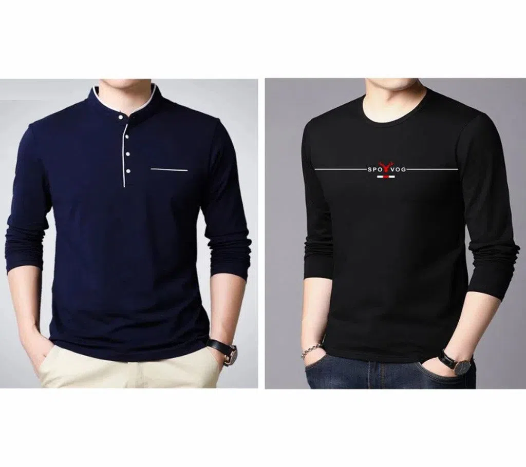 Long Sleeve Cotton T-Shirt Combo offer for Men -Blue And Black 