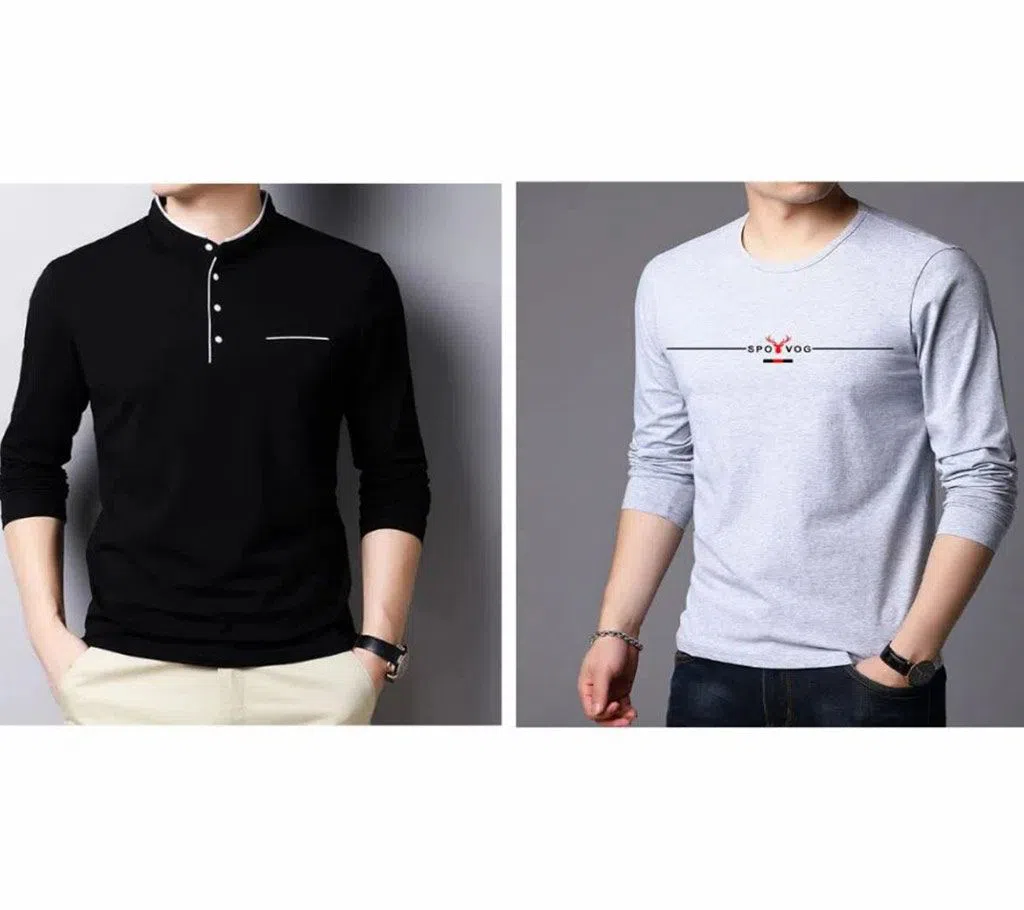 Long Sleeve Cotton T-Shirt Combo offer for Men -Black and White 