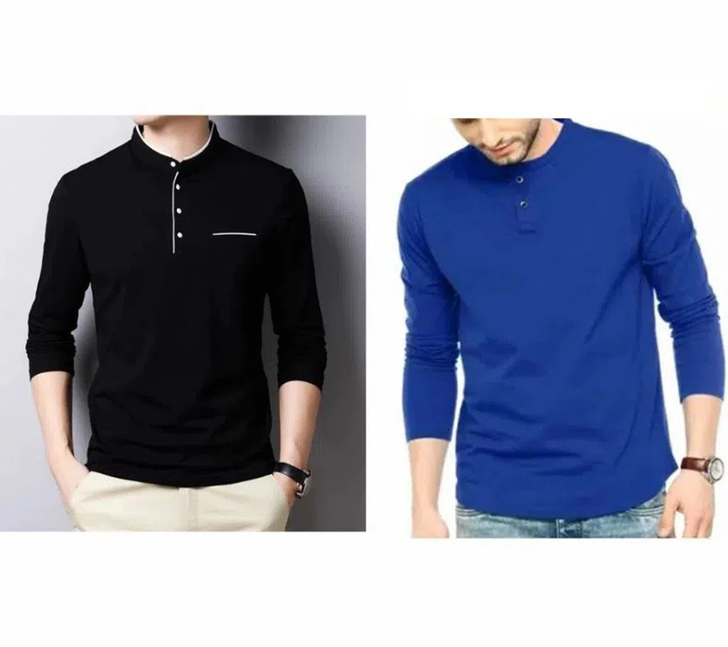 Long Sleeve Cotton T-Shirt Combo offer for Men  -Blue and Black 