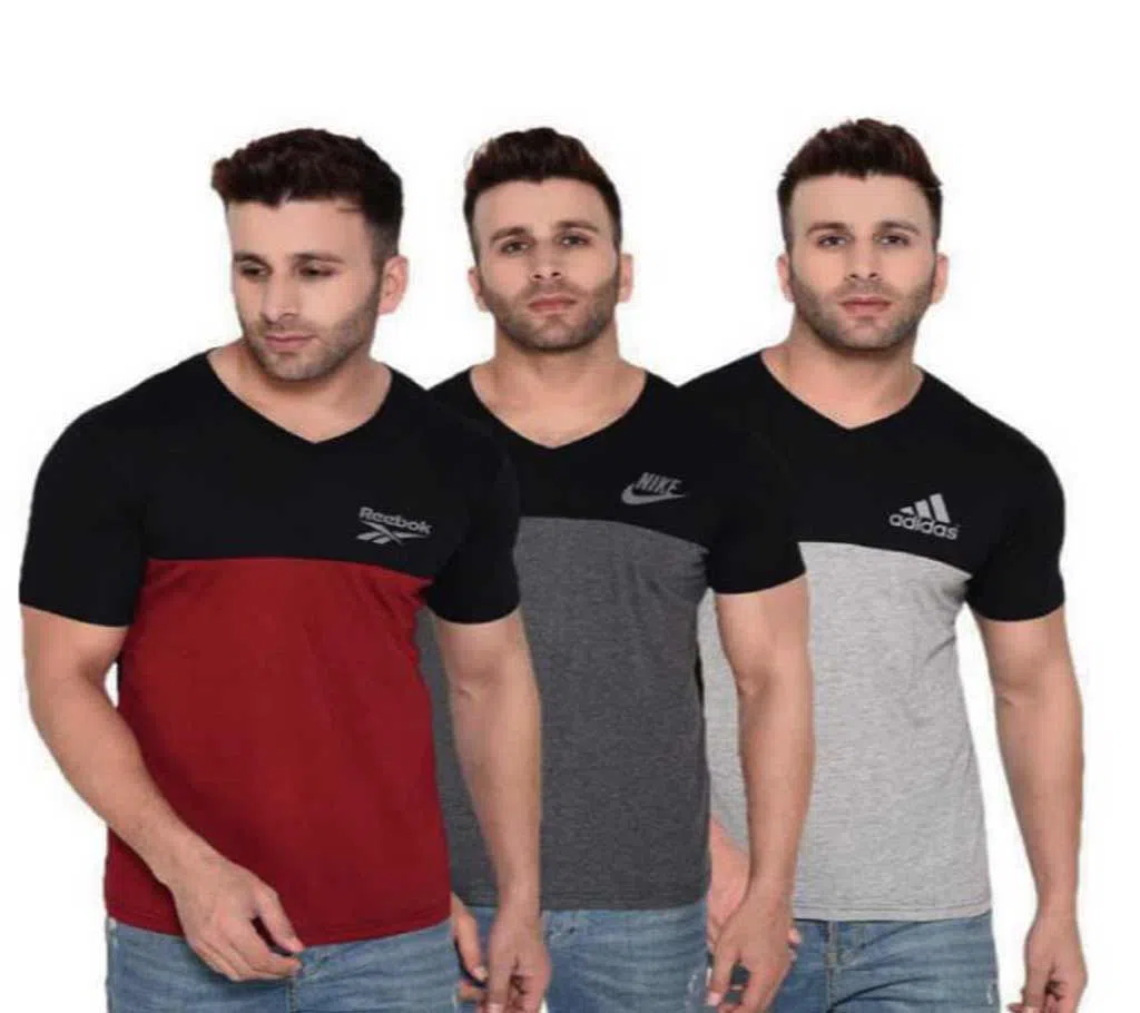 Mens V-neck Regular Fit Logo Printed T-Shirt (Combo Pack of 3)