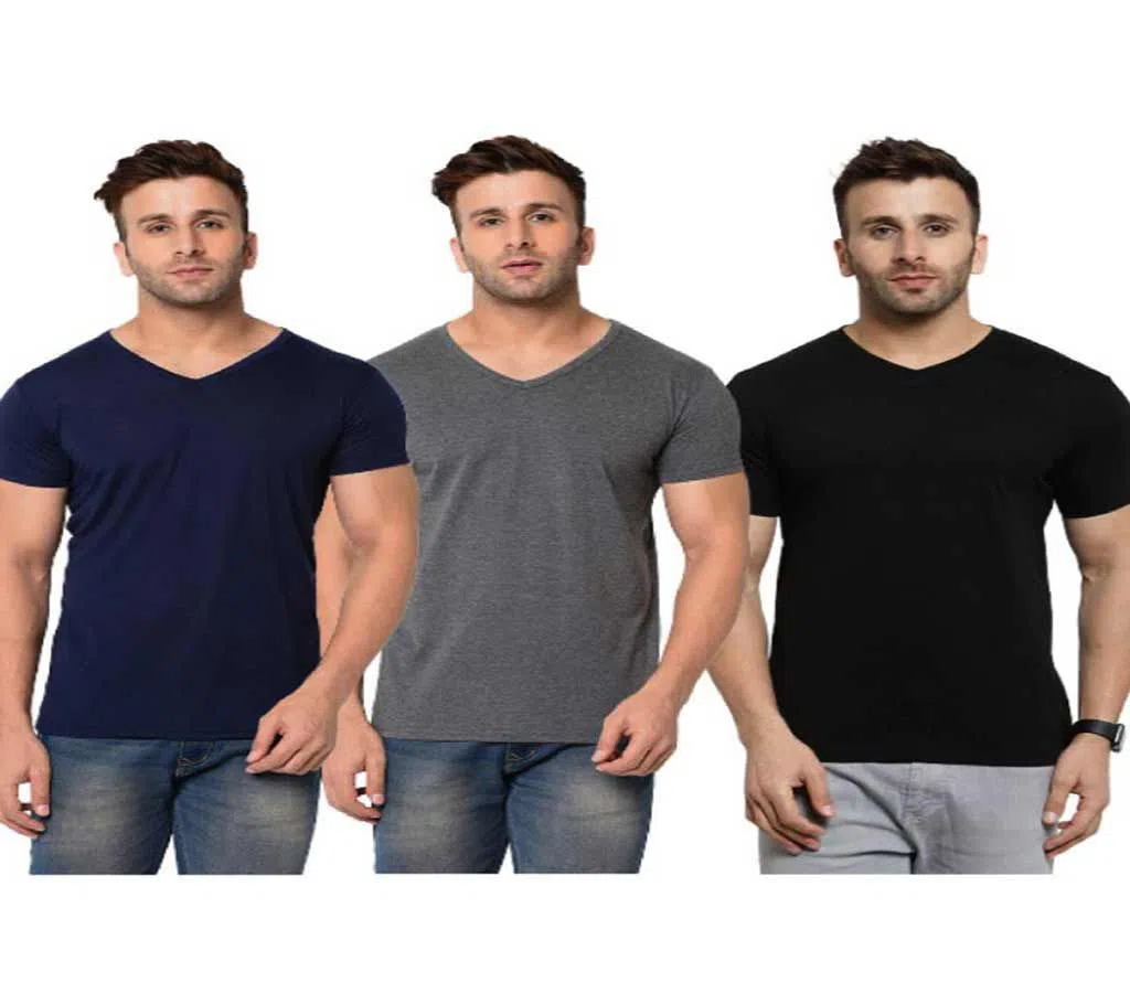 Mens V-neck Solid Regular Fit T-Shirt (Combo Color Pack of 3)