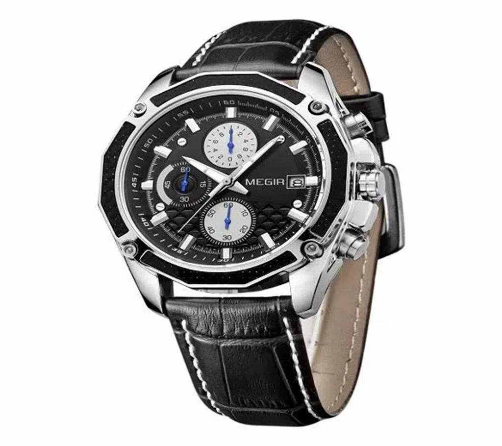 MEGIR Fashionable Genuine Leather Chronograph Watch (Black)