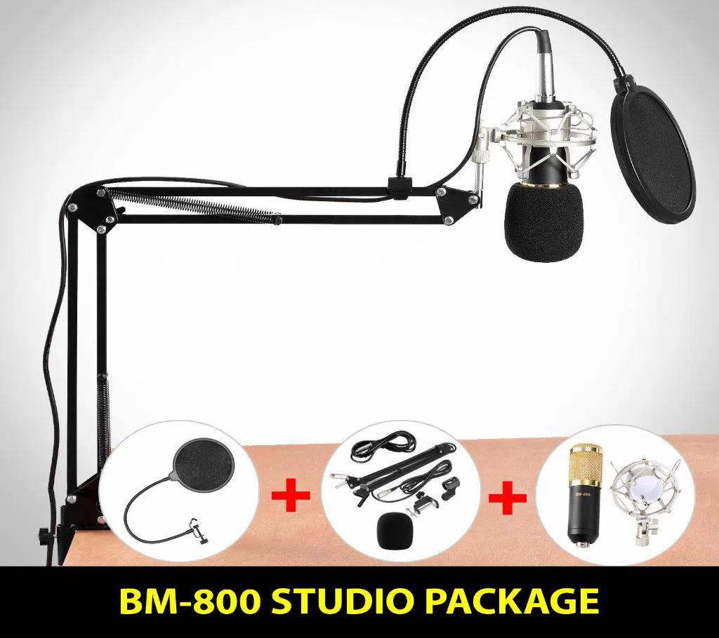 BM800 Condenser Microphone Full Studio Package, BM800 Condenser Microphone, XLR to 3.5mm Audio Cable, POP Filter, Anti Wind Foam, Shock Mount, Flexibl