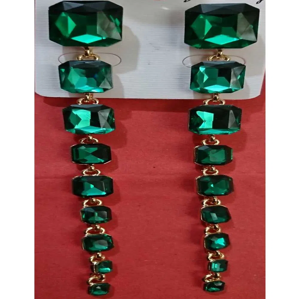 Green Crystal Stones Long Drop Earrings for Women and Girls