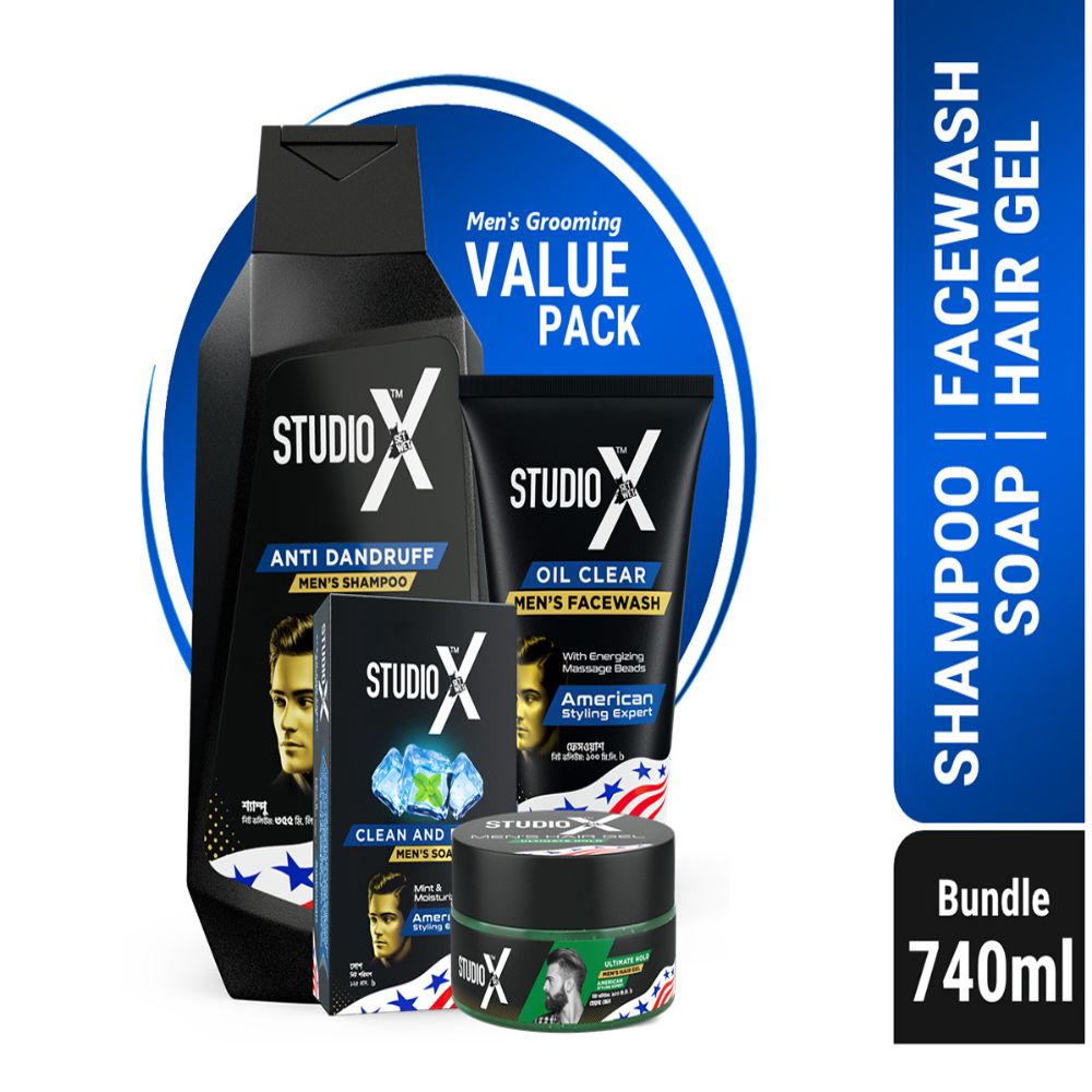 Studio X Mens Grooming Bundle Pack (Large) - Shampoo 355ml + Facewash 100ml + Soap 125g + Hair Gel 100ml