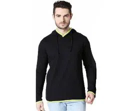 Mens Plain Back Panel Full Sleeve Hoodie T-shirt(Black-Neon Green)