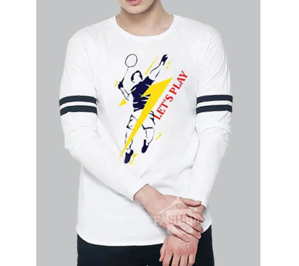 Lets play  White Full Sleeve with black stripe T-Shirt white Full hand t-shirt for man winter collection