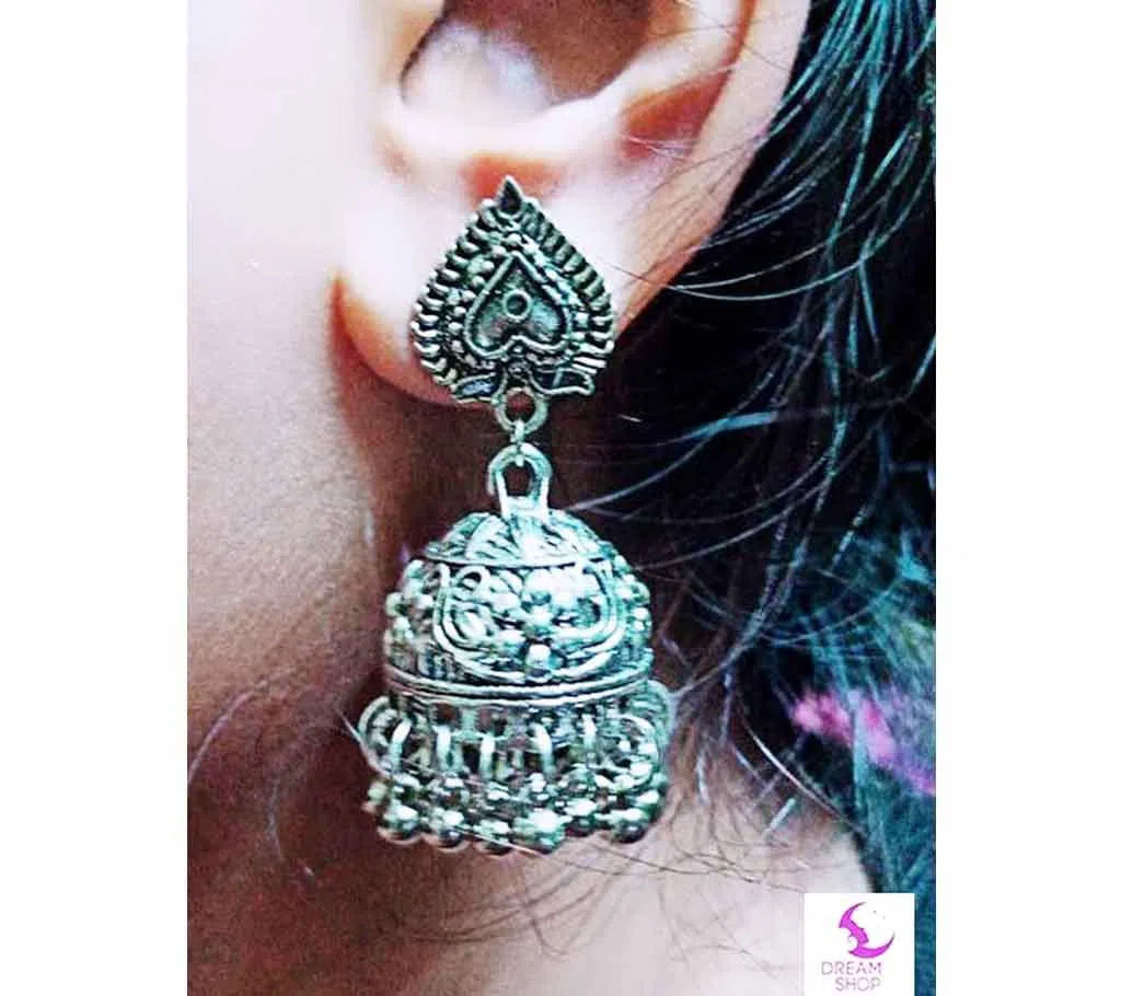 Antique Metal Jhumka White Stone Ear Ring for