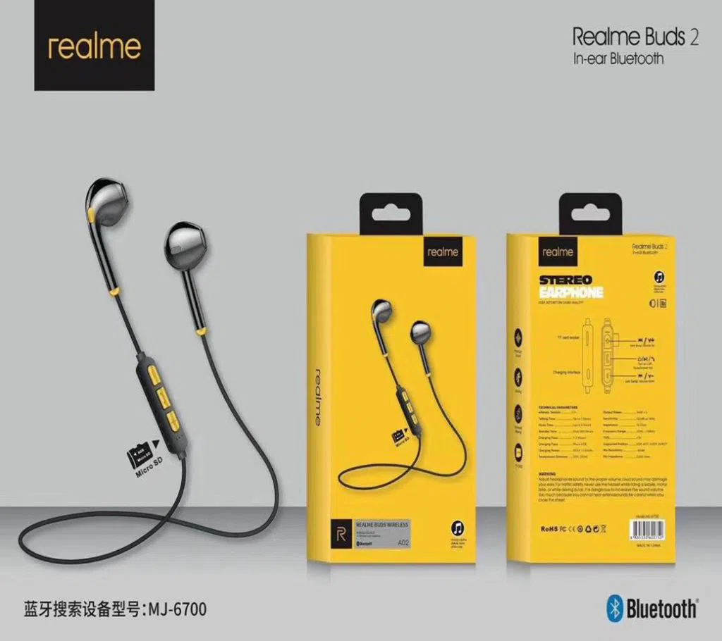 Realme Buds 2 Bluetooth Earphone Micro SD Supported with Volume Switch Wireless Stereo Earphone - Black (REALME)