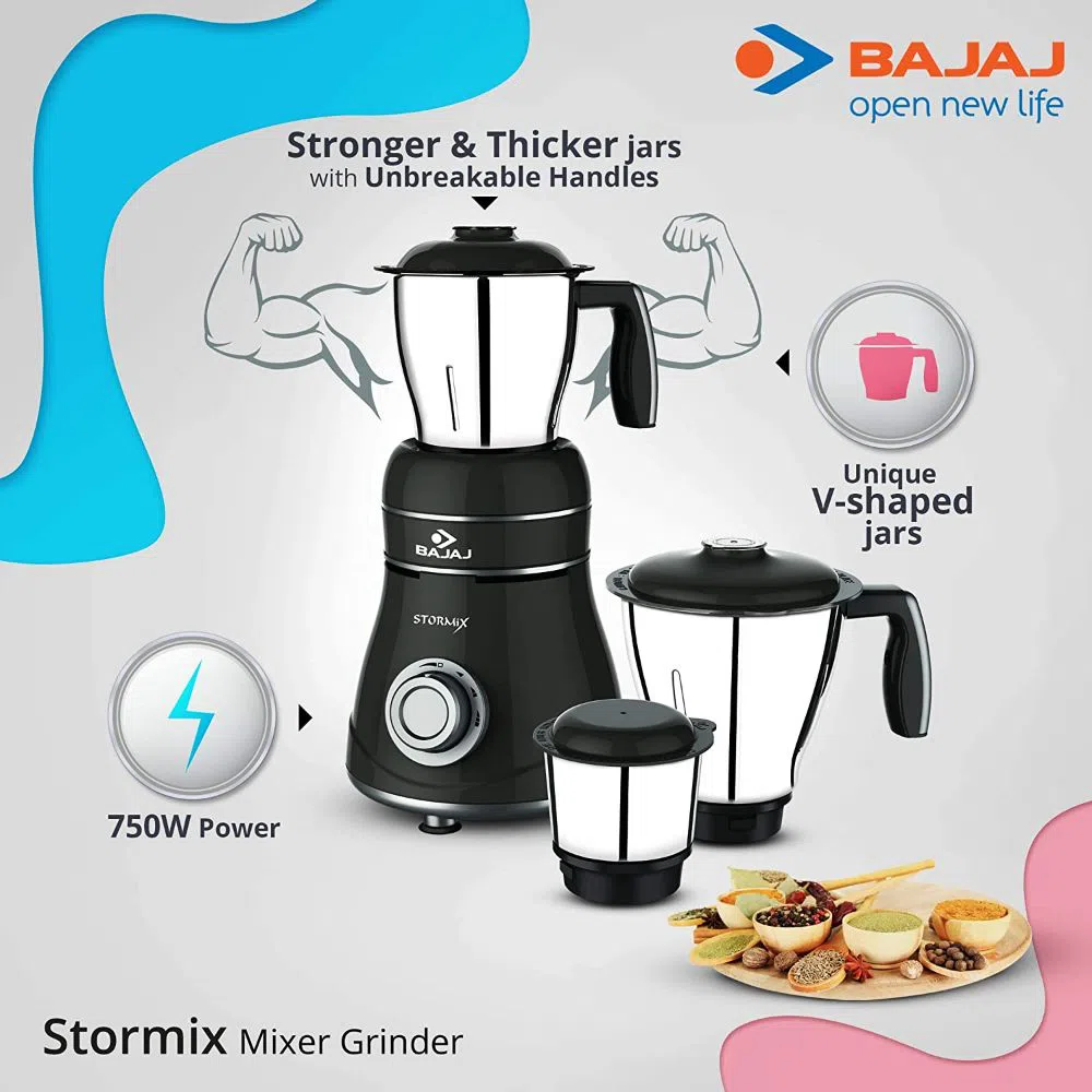 Bajaj Stormix 750-Watt Mixer Grinder With 3 Jars Powerful Mixer