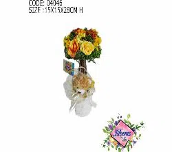Mix Roses- Yellow, Orange, Red with Teddy in White Vase