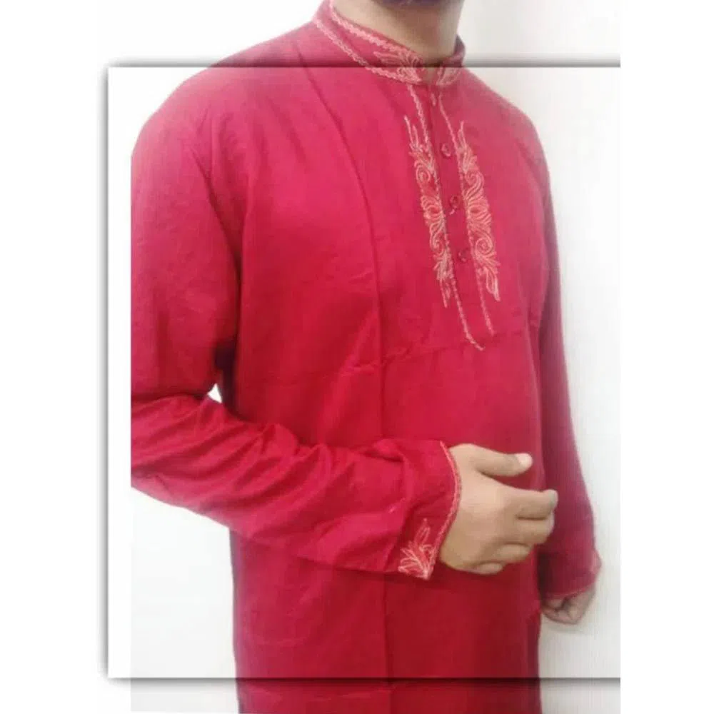  Semi Long Cotton Panjabi for Men-red 