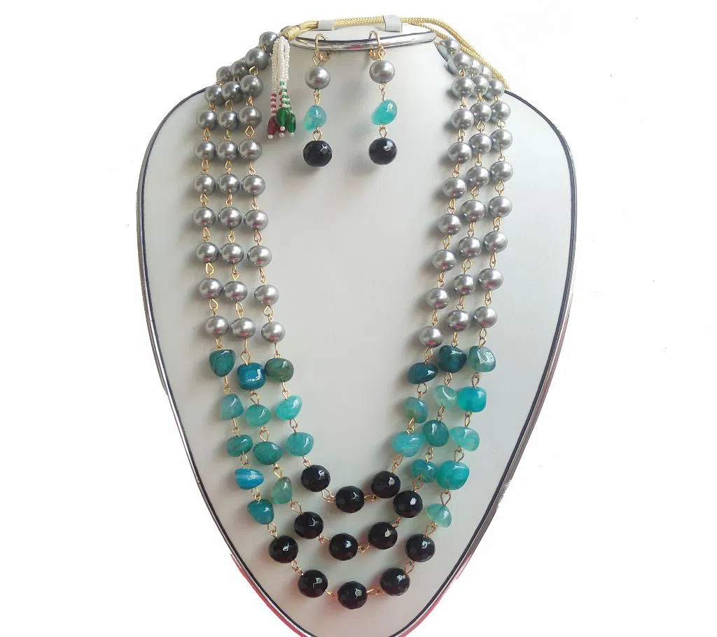 Pearl&Stone 3 layer Necklace with Ear Ring