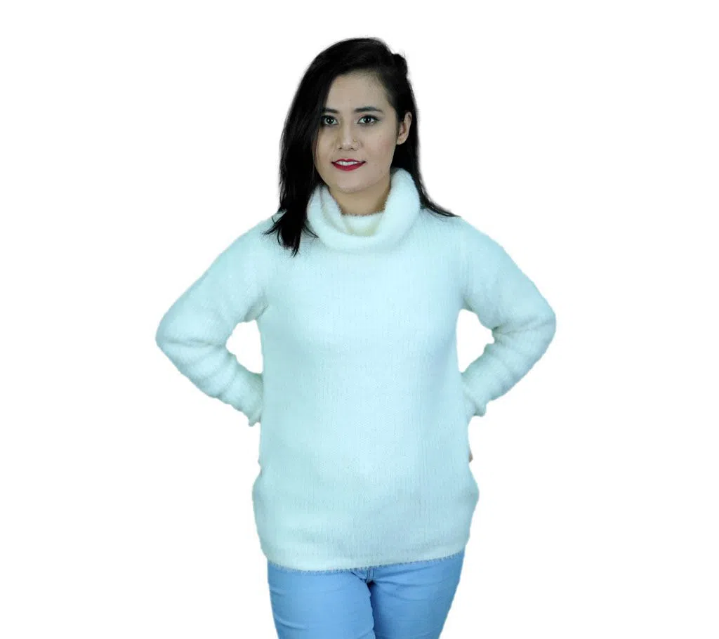 Ladies High Neck Woolen Sweater - White