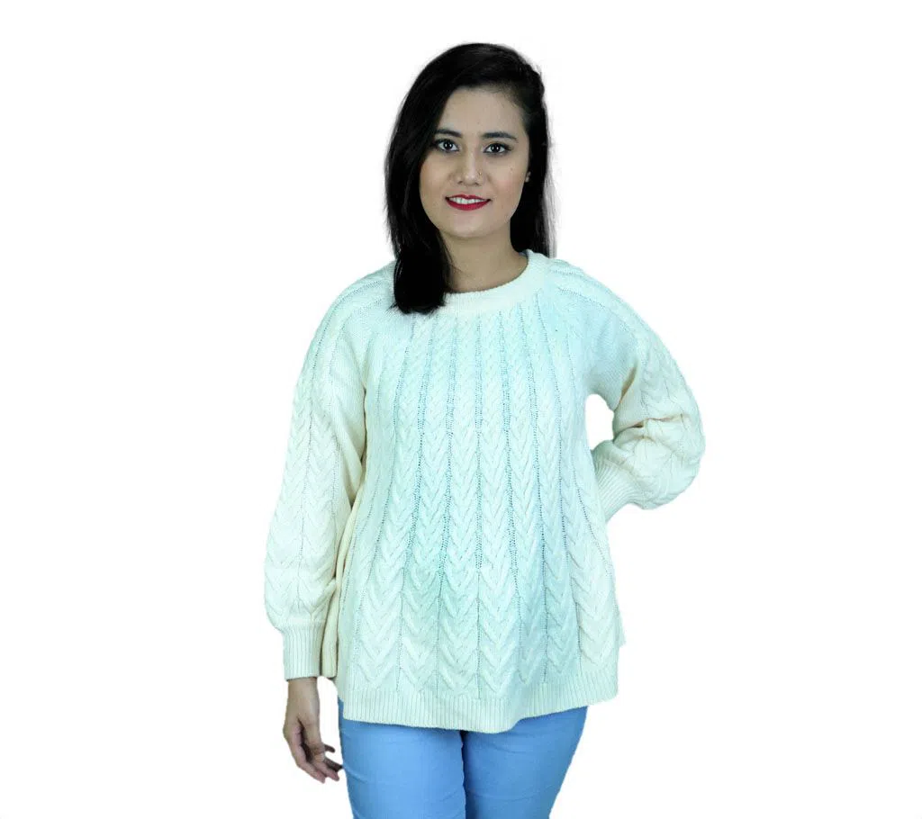 Ladies Frock Design Short Woolen Sweater - White