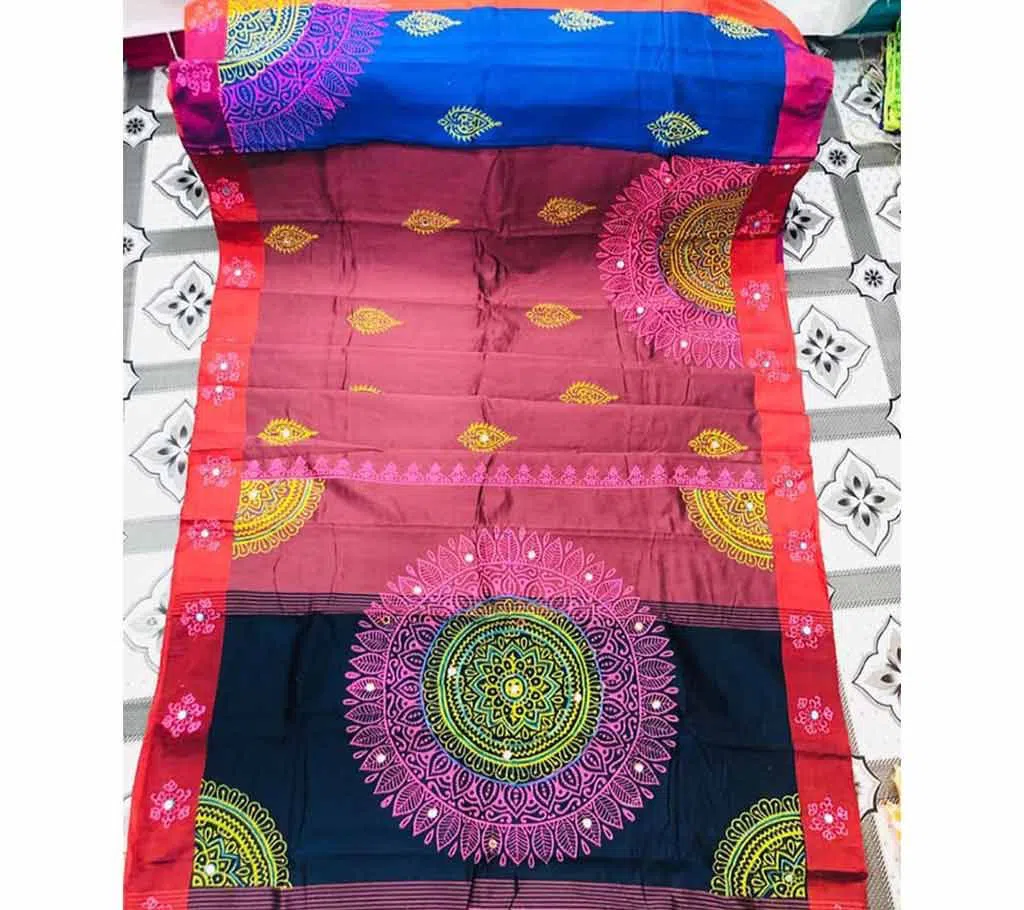 Half Silk Block Printed Embroidery Saree q