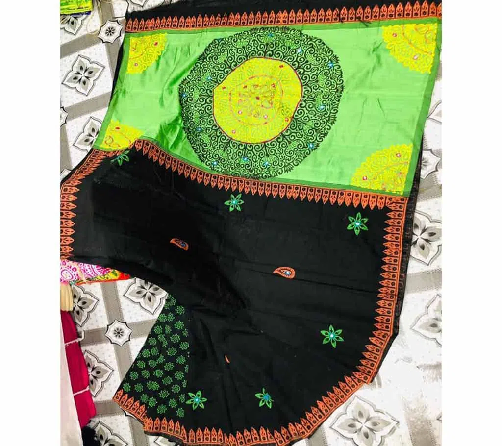Half Silk Block Printed Embroidery Saree w