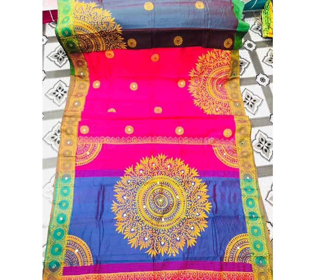 Half Silk Block Printed Embroidery Saree e