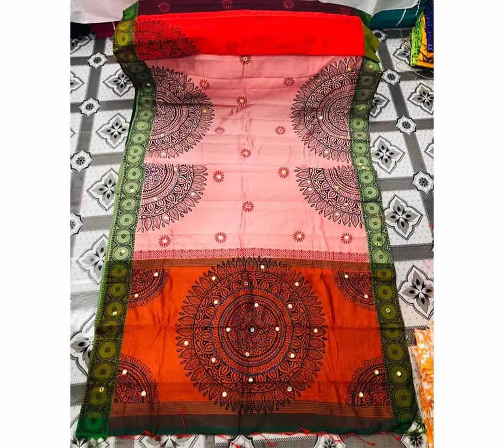 sHalf Silk Block Printed Embroidery Saree r