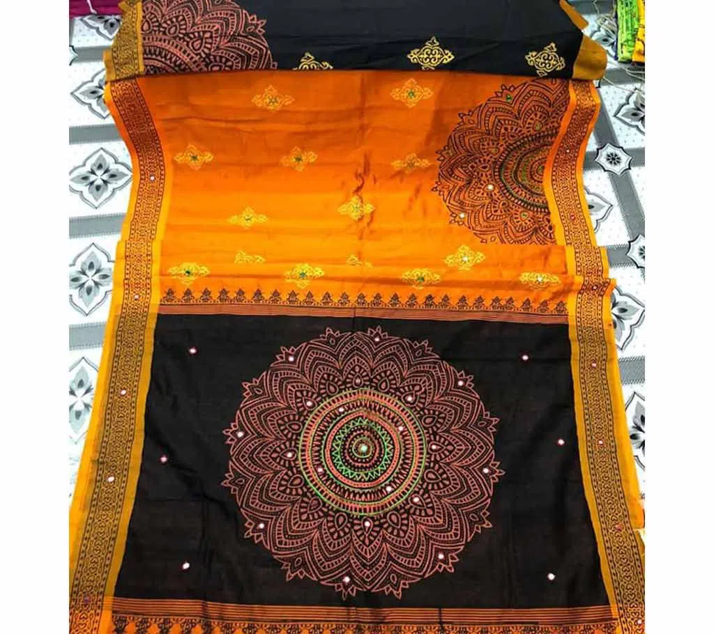 Half Silk Block Printed Embroidery Saree t