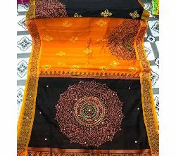 Half Silk Block Printed Embroidery Saree t
