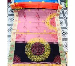 Half Silk Block Printed Embroidery Saree y