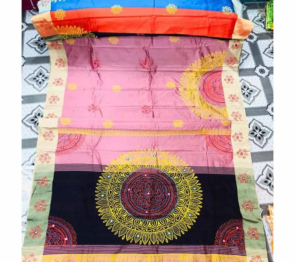 Half Silk Block Printed Embroidery Saree u