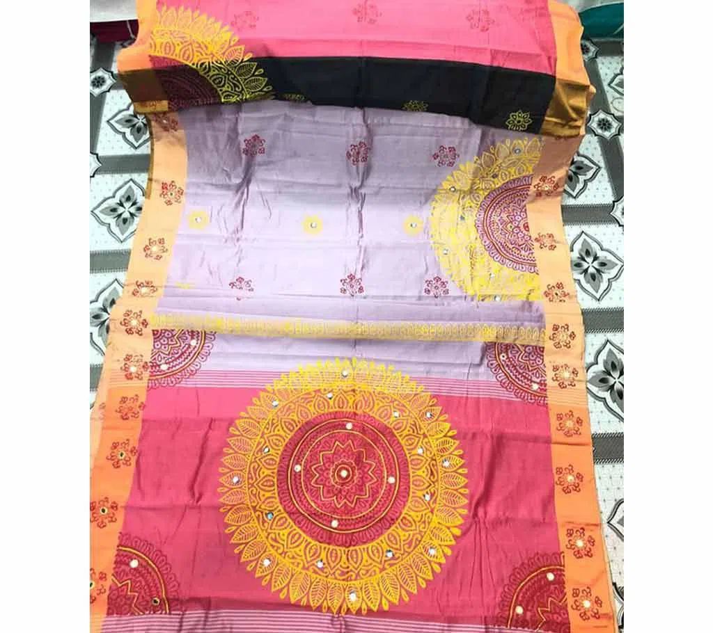 Half Silk Block Printed Embroidery Saree o