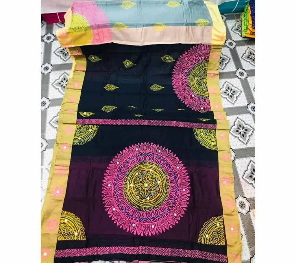 Half Silk Block Printed Embroidery Saree p