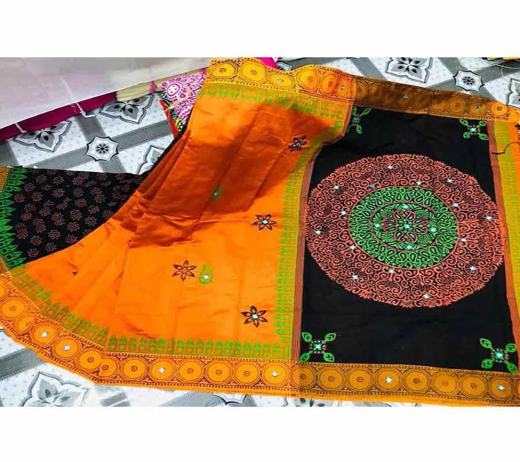 Half Silk Block Printed Embroidery Saree a