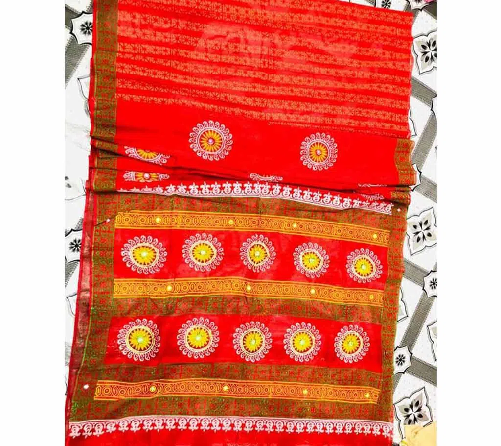 Half Silk Block Printed Embroidery Saree s