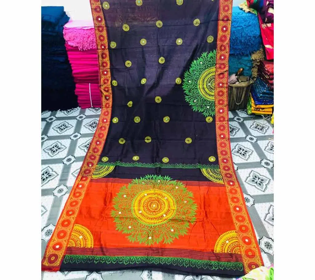 Half Silk Block Printed Embroidery Saree d